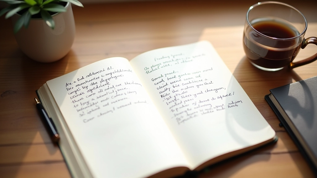 Open journal with handwritten notes, pen, coffee cup, wooden desk, warm natural lighting