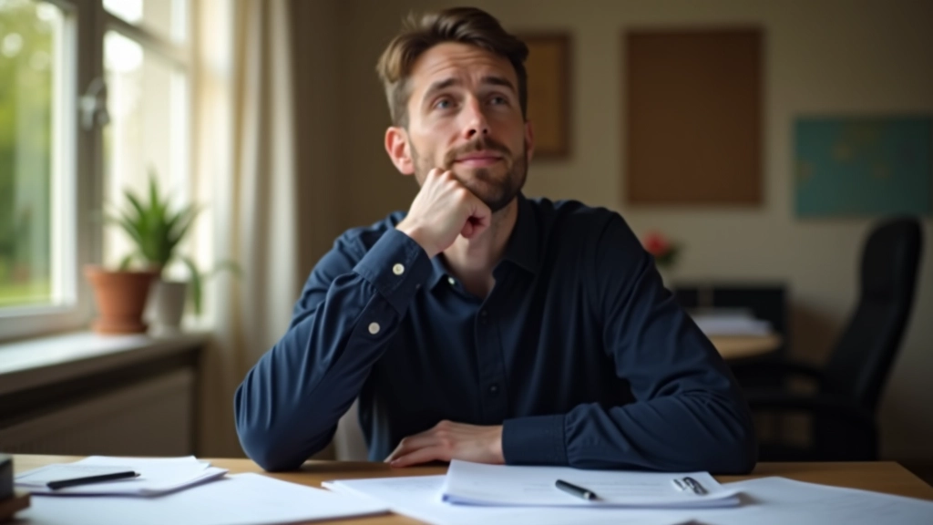 Person reflecting at desk with notes, considering changes to goals, thoughtful moment with documents