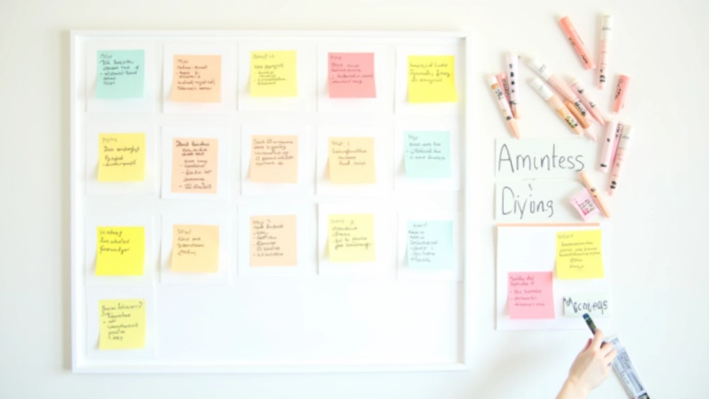Colorful sticky notes and markers on a white wall, organized in clusters