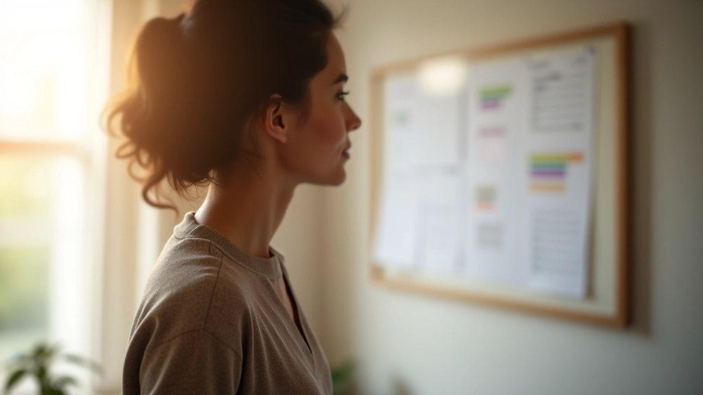 Person looking at vision board on bedroom wall in morning light, thoughtful expression