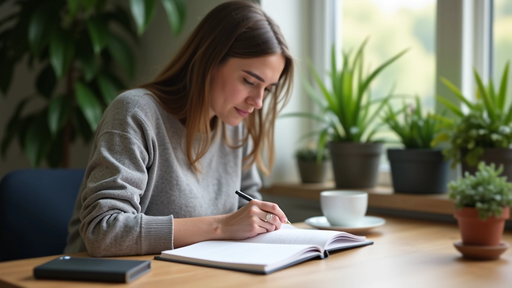 Person writing in notebook at wooden desk with coffee and plants visible