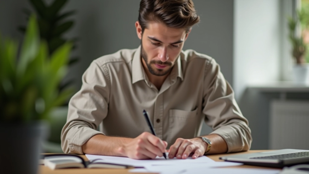 Person writing in planner at desk, focused expression, bright workspace, hands visible on notebook