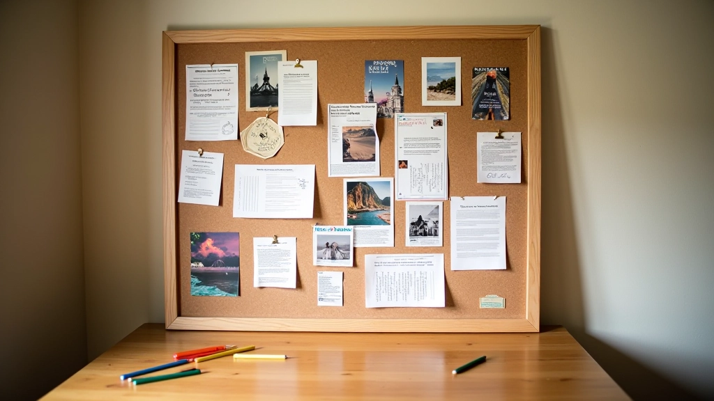Framed vision board with magazine cutouts, images, and handwritten words on cork board