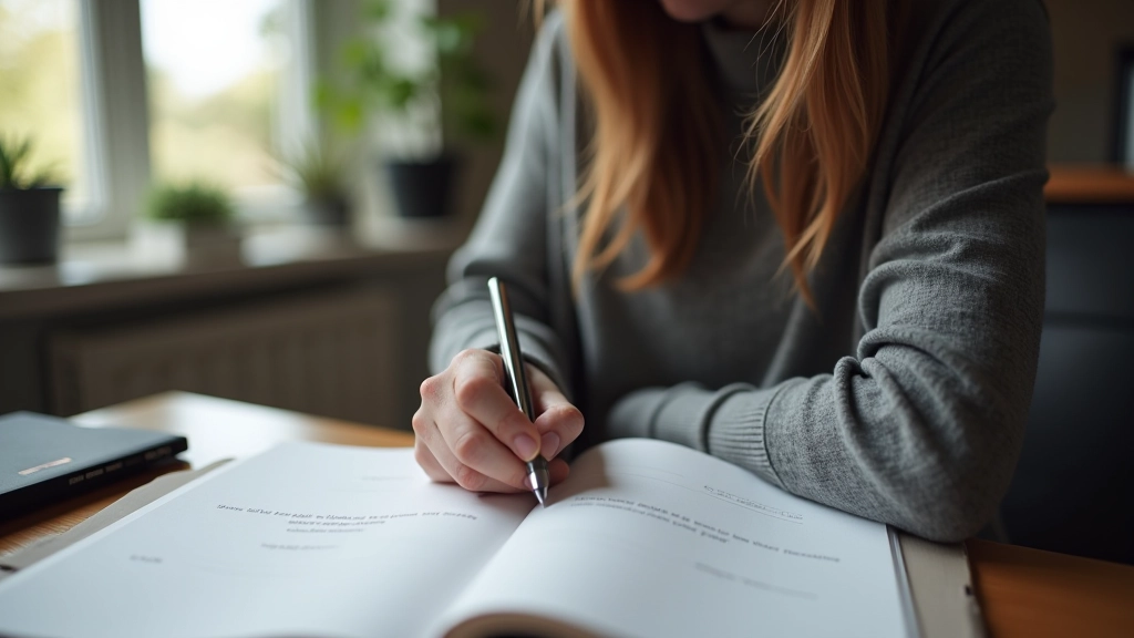 Person writing in a planning journal, quarterly goals visible on pages, focused workspace with natural light